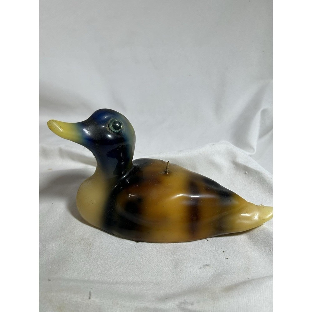 Rare Vintage Glass Eye Wax Duck Decoy Candle 6" Long Cabin Life Lodge Hunt Decor